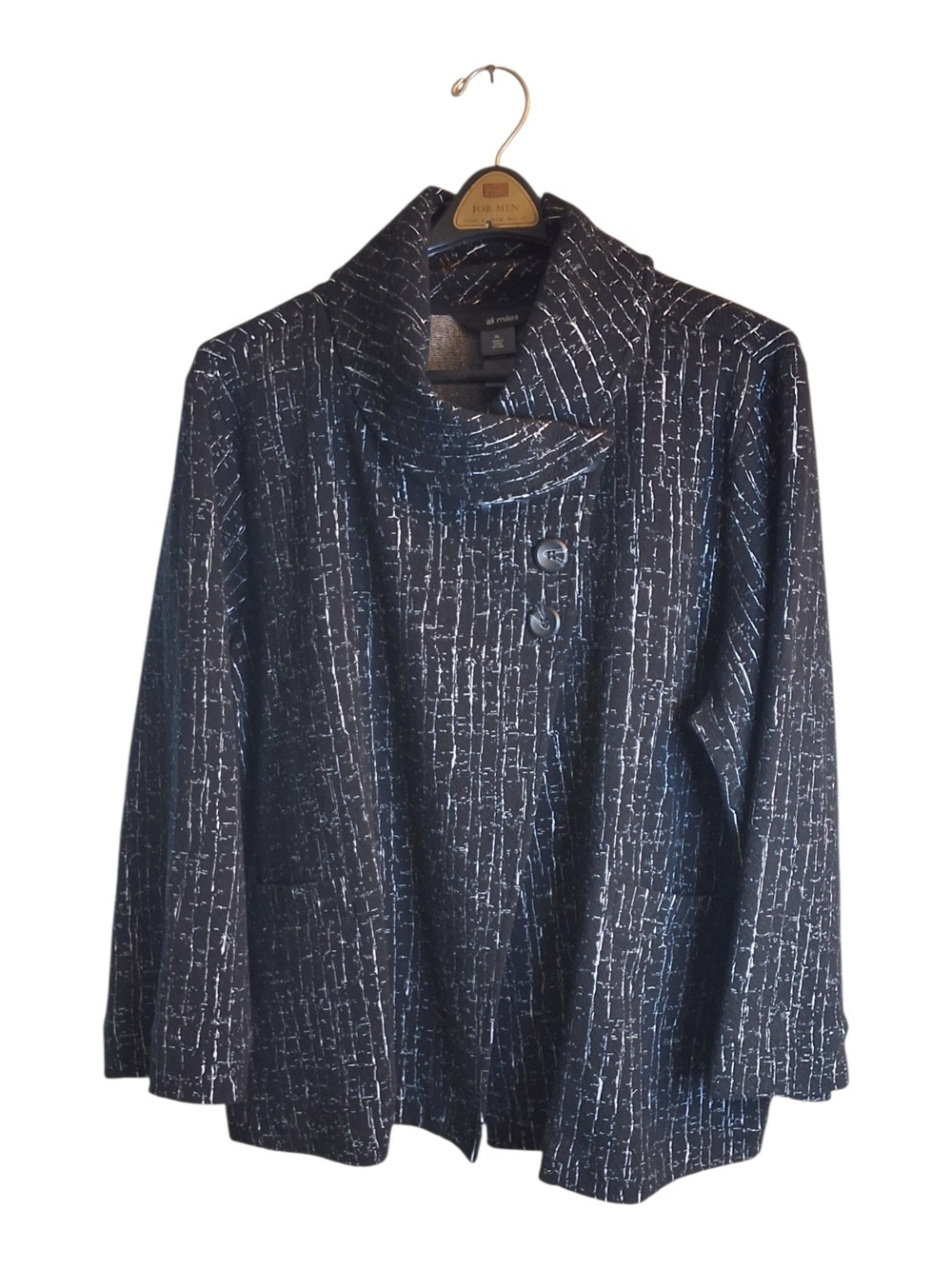 Women's Black Patterned Button-Front Sweater Jacket Ali Miles XL